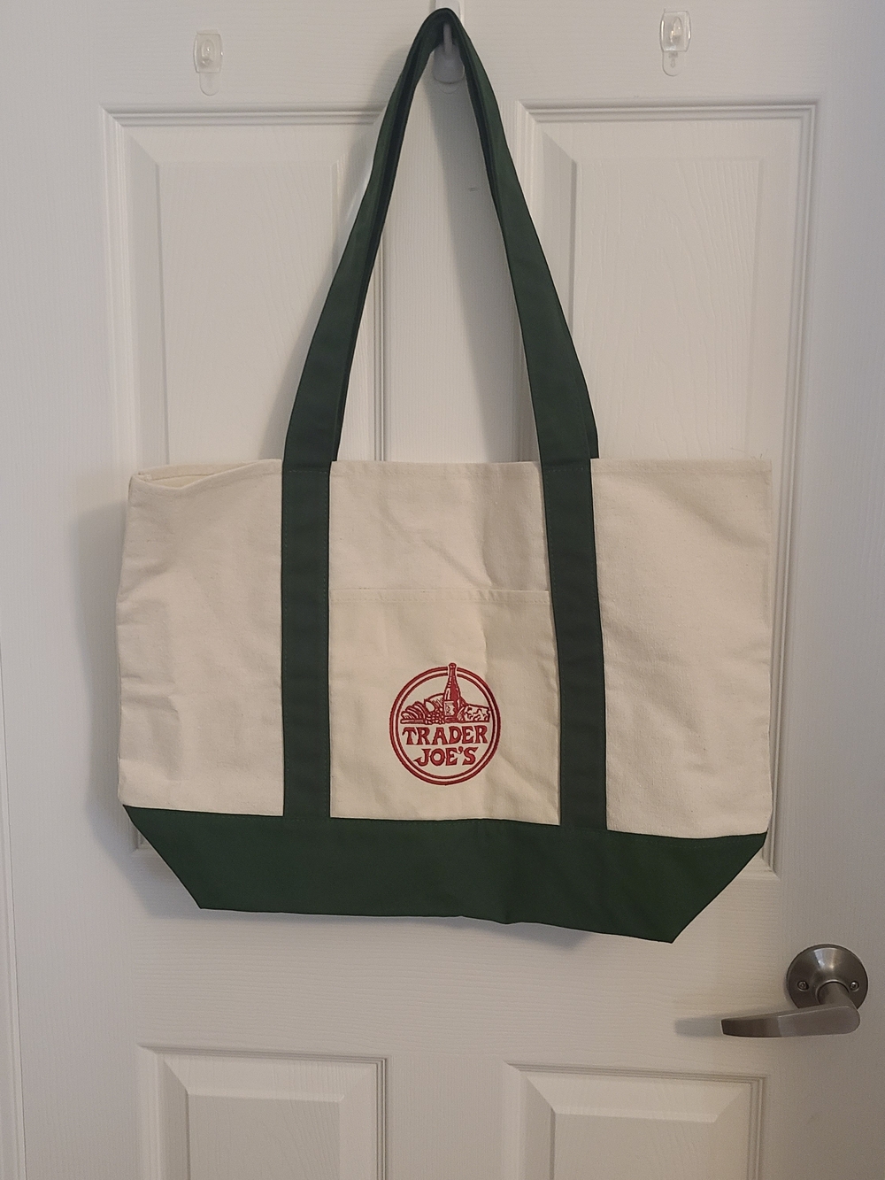 Canvas Tote Bag with Dark Green Trim and Red Logo